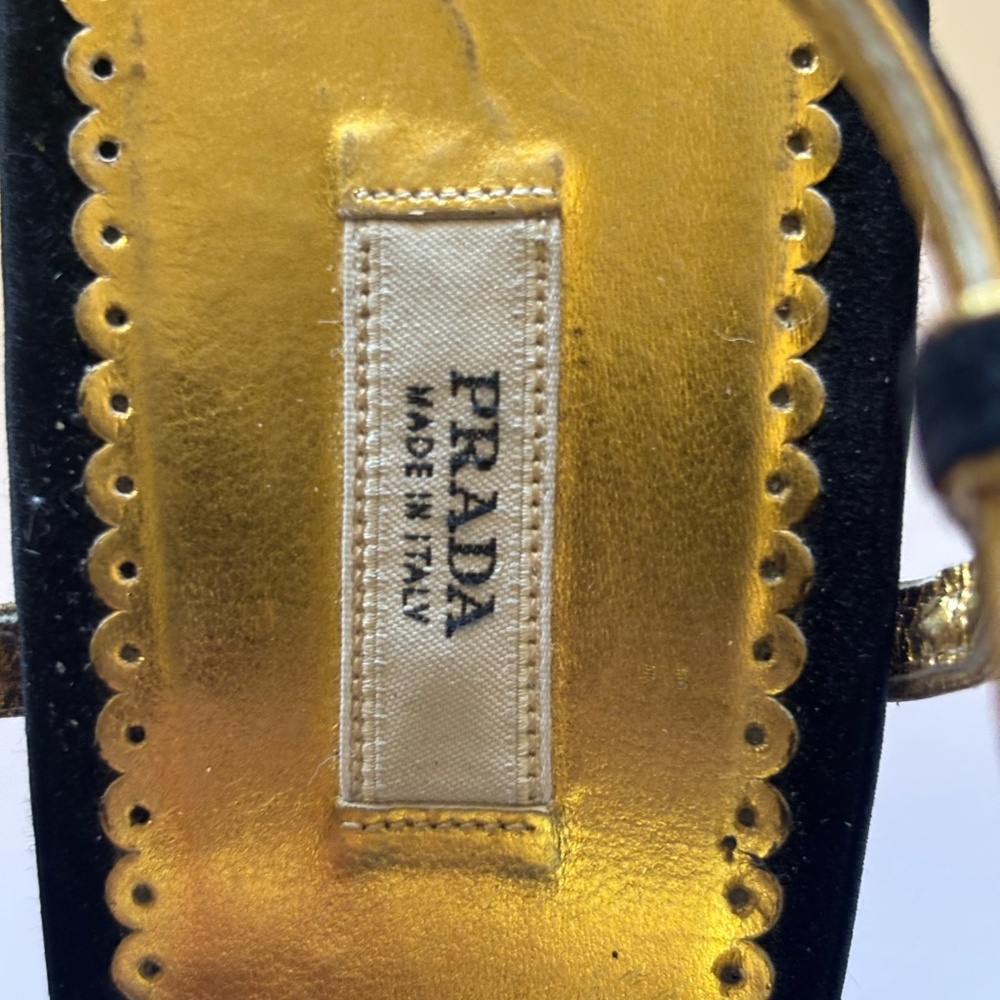 Prada Sling Back Holiday Heels Black Suede with Gold Leather accent Size 38 - Picture 4 of 8
